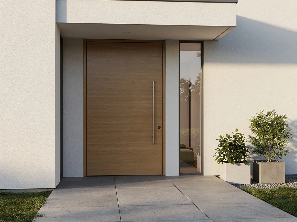 Porte d'entrée en bois au design contemporain posée sur un pavillon