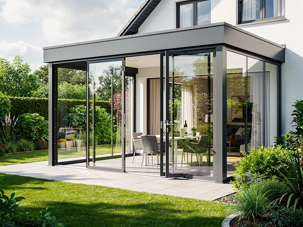 Véranda en extension à toiture plate et ossature aluminium